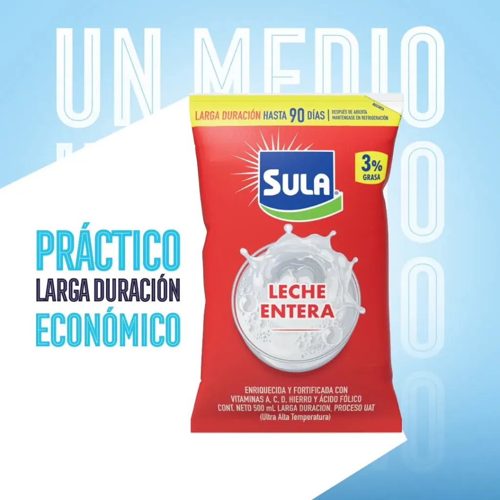 Leche entera medio litro, en bolsa