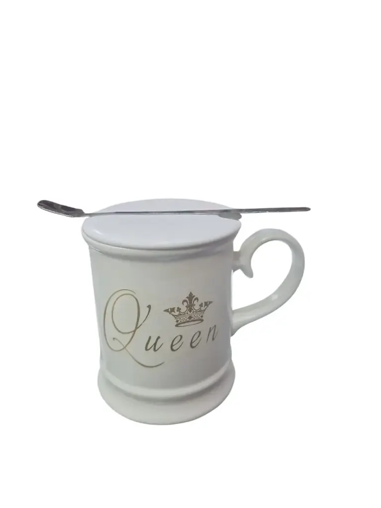 taza de ceramica con tapadera y cucharita 